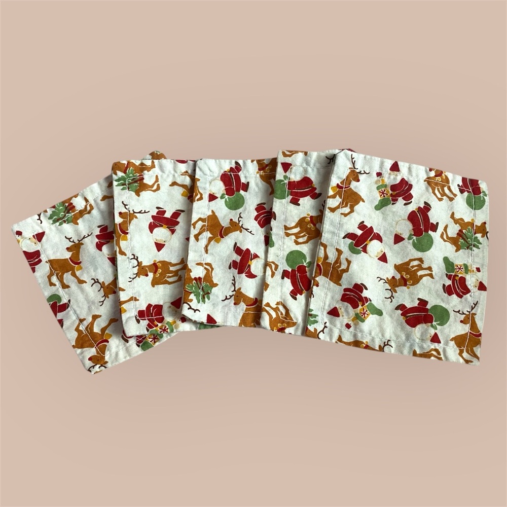 Handmade Beige Christmas Holiday Print Fabric Square Coaster Set Of 5